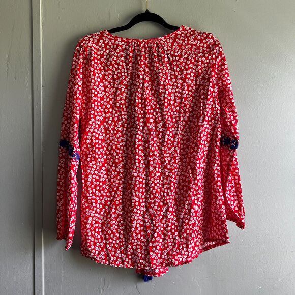 Solitaire Floral Embroidered Blouse Top Red White Blue Boho Casual - Small - Picture 3 of 7